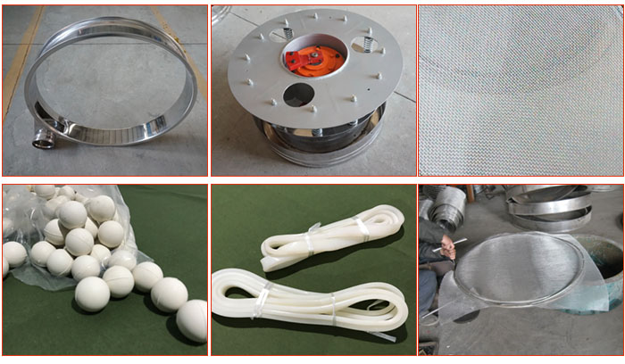 800型全不銹鋼振動篩配件有：振動篩篩框，電機，不銹鋼篩網等。