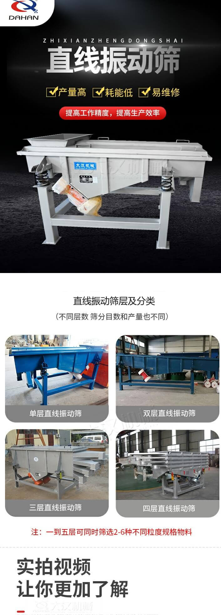 直線振動篩概述，產(chǎn)量高，耗能低，易維修，提高工作精度，提高生產(chǎn)效率，直線振動篩層級分類：不同層數(shù)，篩分目數(shù)和產(chǎn)量也不同：單層，雙層，三層，四層等。